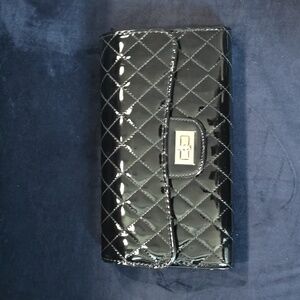 Large Black Quilted Vinyl Clutch with Red Interior
